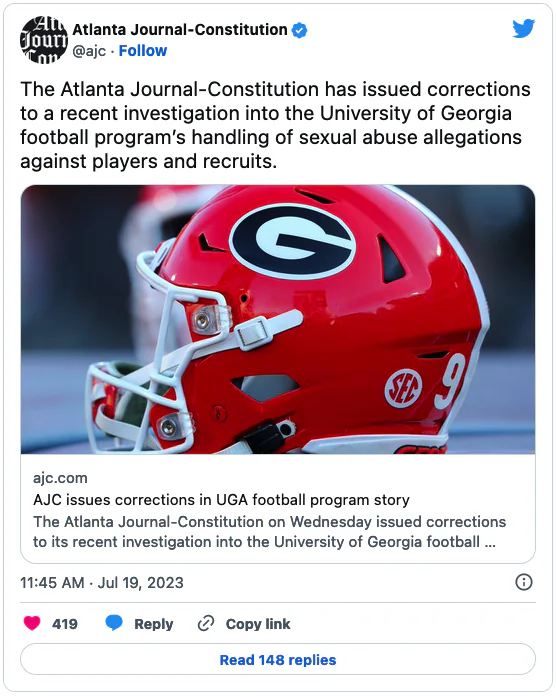 AJC fires reporter, issues corrections to UGA football story