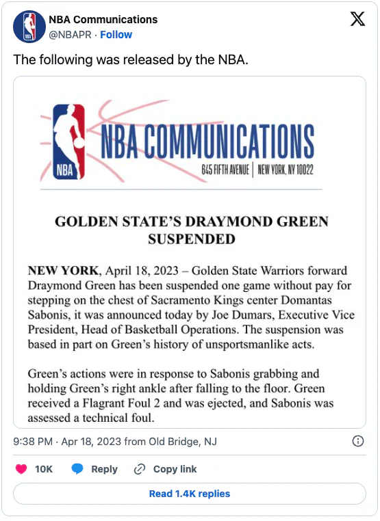 NBA suspends Draymond Green for Game 3