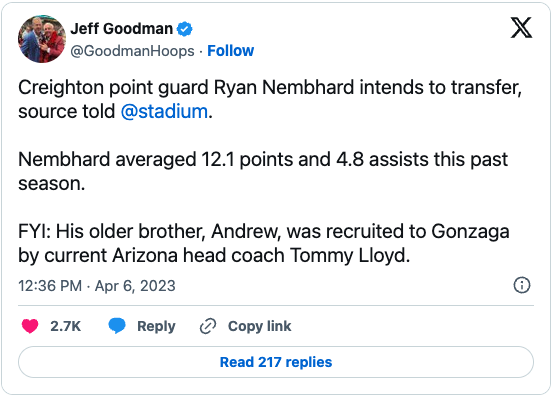 Ryan Nembhard enters transfer portal